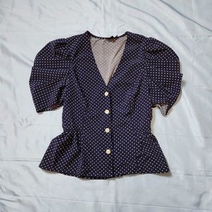 Milk & Honey 90s Retro Rockabilly Navy Polka Dot Puff Sleeve Peplum Blouse Sz S